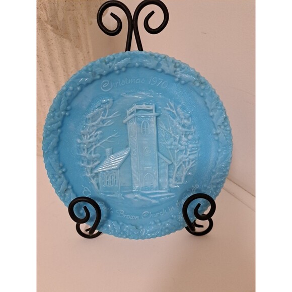 Vintage 1970 Blue Fenton Little Brown Church In The Vale Christmas Plate 8" - Picture 1 of 4